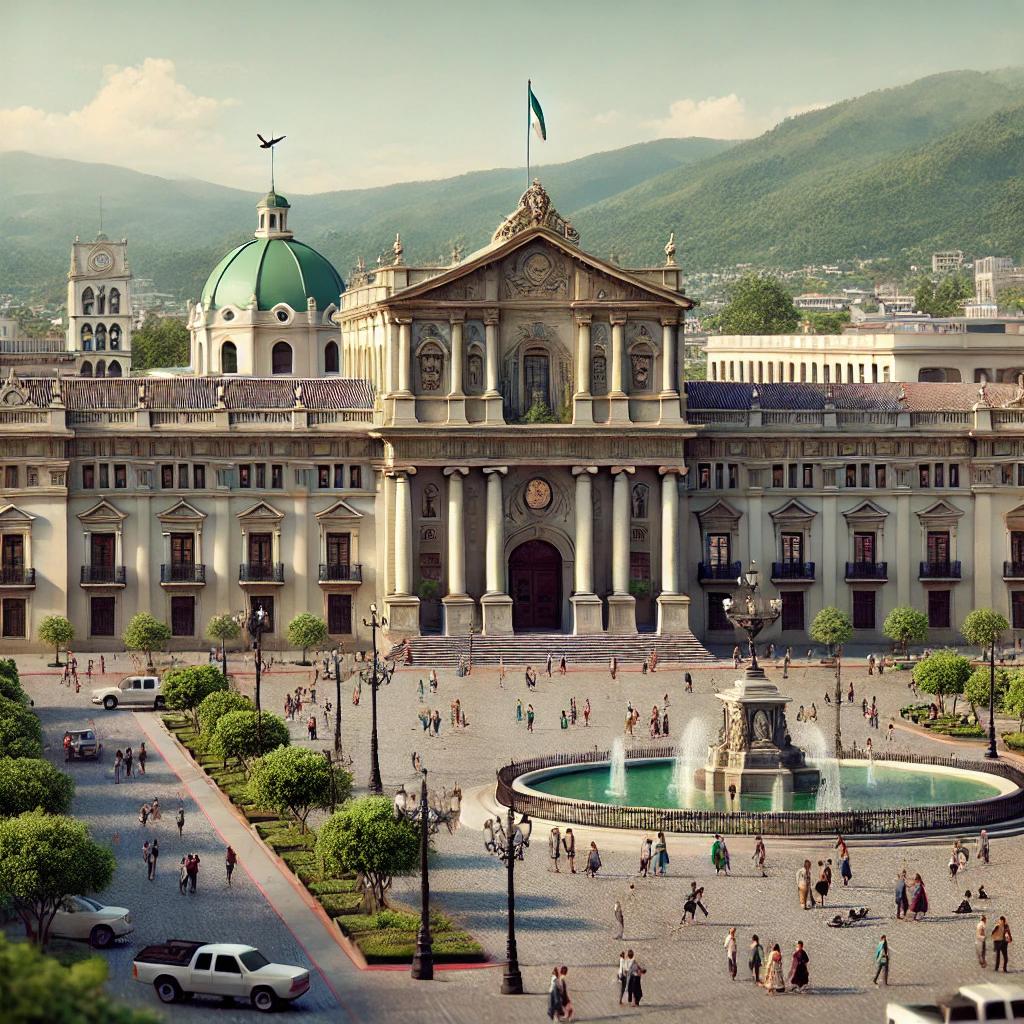 Realistic view of the National Palace of Culture in Guatemala City with its green neoclassical facade, stone arches, and Central Park in front, showing people, trees, and a fountain on a sunny day.