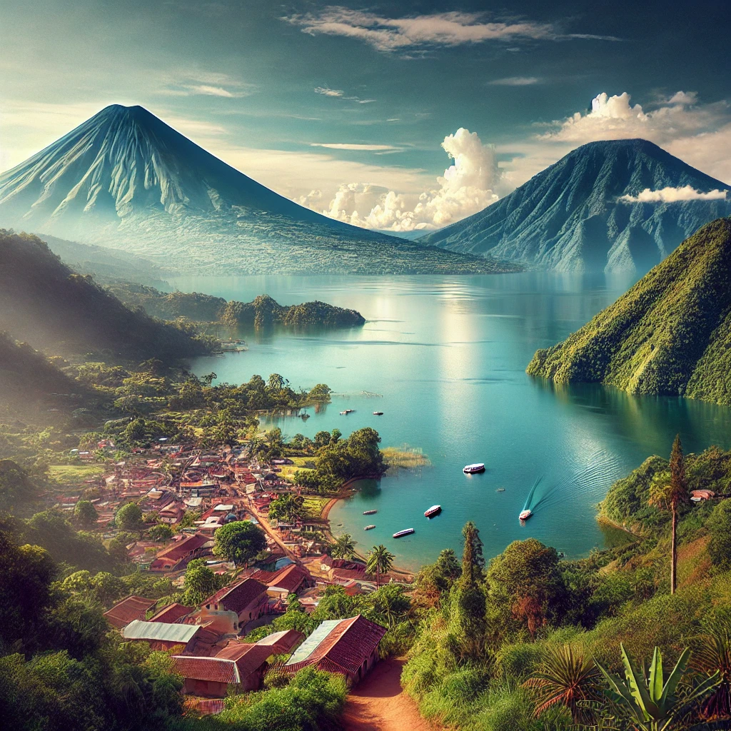 Breathtaking view of Lake Atitlán with the San Pedro, Tolimán, and Atitlán volcanoes in the background, showcasing the natural beauty of Guatemala