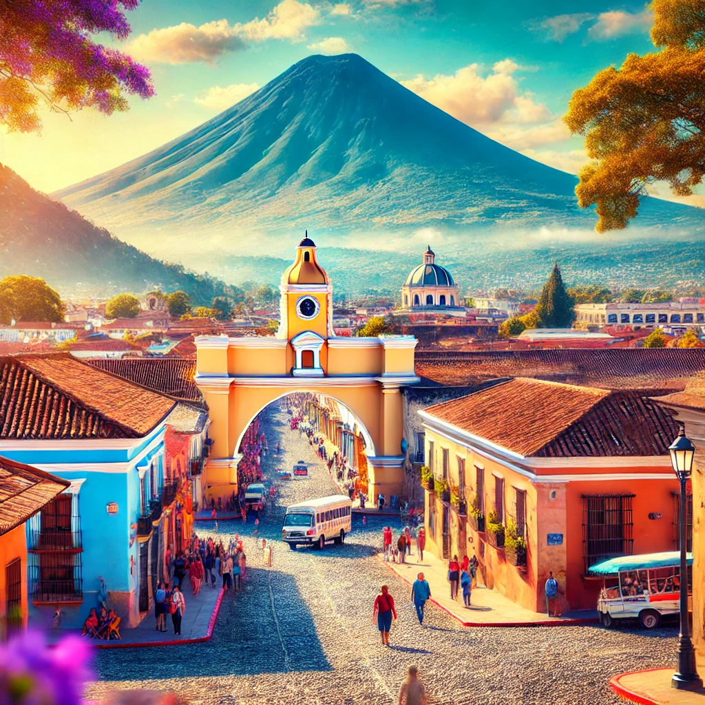 View of Arco de Santa Catalina with Volcán de Agua in the background in Antigua Guatemala.