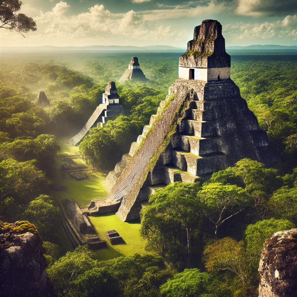 Panoramic view of the ancient Mayan ruins of Tikal with towering stone pyramids surrounded by the dense Guatemalan jungle, partially covered in moss and vegetation