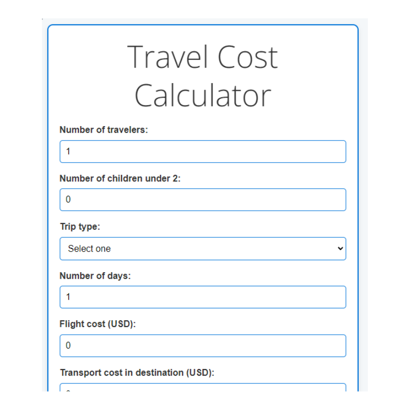 Travel Cost Calculator tool for estimating trip expenses and budgeting travel costs efficiently.